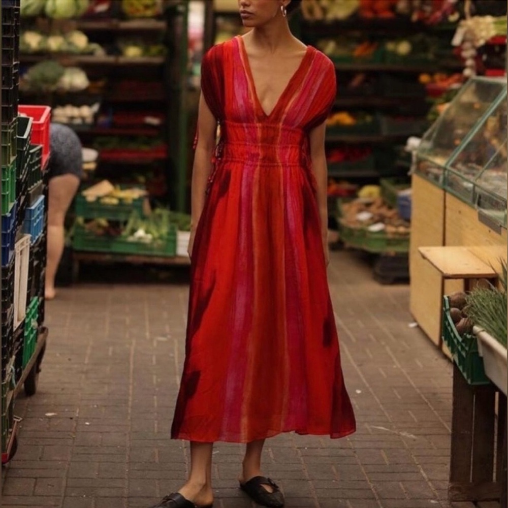 Zara Ombré Boho Beaded Tie Maxi Dress Size XS